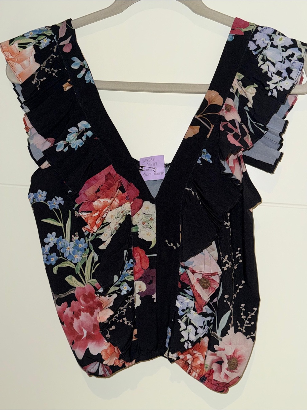 Black Floral Ruffle V-Neck Crop Top - Women's